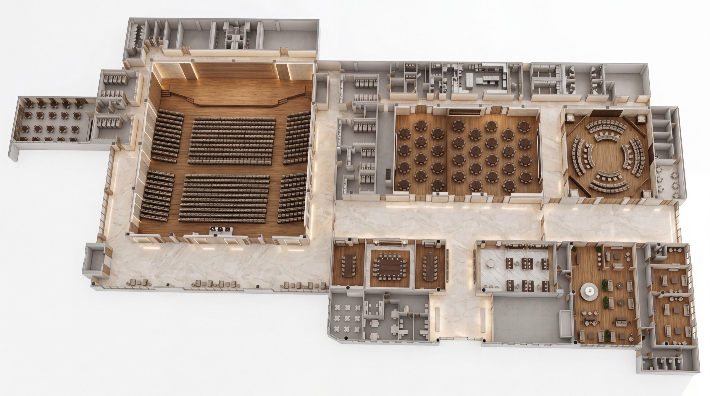 3D isometric ground-floor plan of the centre